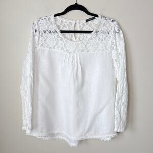 Lungo L'Arno Made In Italy 100% Linen Small Long Sleeve Lace Top‎ Blouse Pintuck